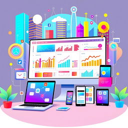 A stylized illustration depicting a vibrant digital marketing platform
