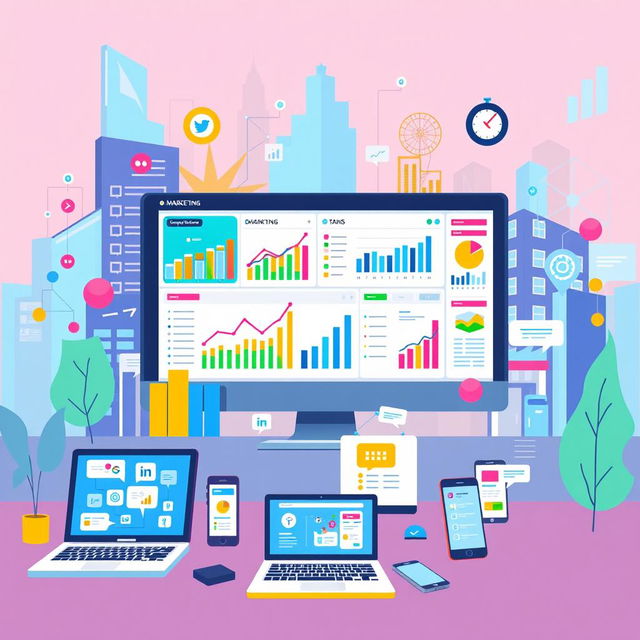 A stylized illustration depicting a vibrant digital marketing platform