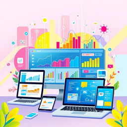 A stylized illustration depicting a vibrant digital marketing platform