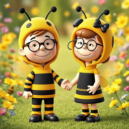 A 3D rendered illustration of a male and female character from Peanuts, both dressed in charming bumblebee costumes that completely cover their heads, including bee hats with antennae
