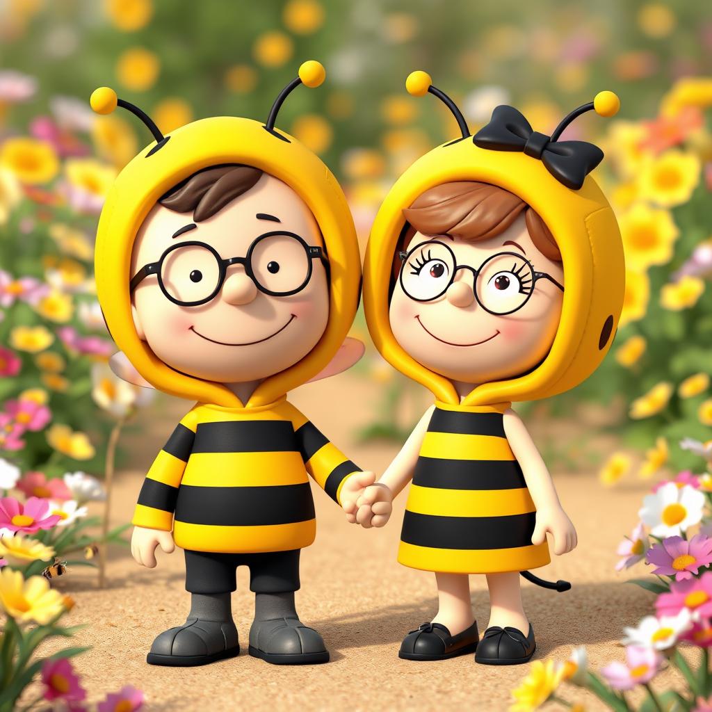 A 3D rendered illustration of a male and female character from Peanuts, both dressed in charming bumblebee costumes that completely cover their heads, including bee hats with antennae