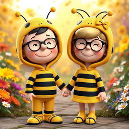 A 3D rendered illustration of a male and female character from Peanuts, both dressed in charming bumblebee costumes that completely cover their heads, including bee hats with antennae
