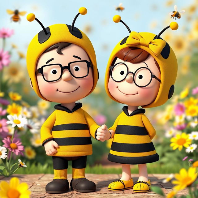 A 3D rendered illustration of a male and female character from Peanuts, both dressed in charming bumblebee costumes that completely cover their heads, including bee hats with antennae