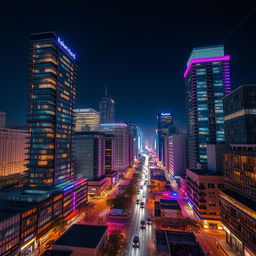 A stunning view of a modern city at night, featuring tall contemporary buildings adorned with vibrant lights on every floor