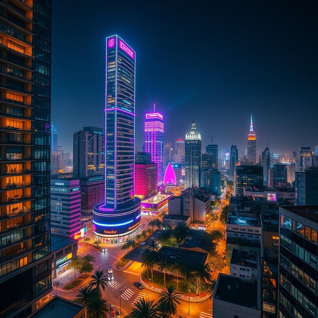 A stunning view of a modern city at night, featuring tall contemporary buildings adorned with vibrant lights on every floor