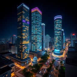 A stunning view of a modern city at night, featuring tall contemporary buildings adorned with vibrant lights on every floor