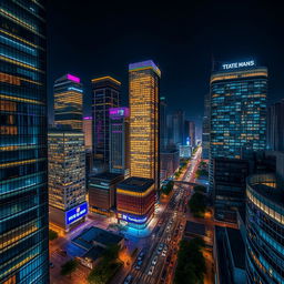 A stunning view of a modern city at night, featuring tall contemporary buildings adorned with vibrant lights on every floor