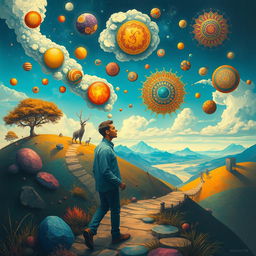 A surreal depiction of a man journeying through the landscape of his own mind, navigating a vivid and imaginative terrain filled with abstract shapes, floating thoughts represented as colorful orbs, and intricate patterns symbolizing memories