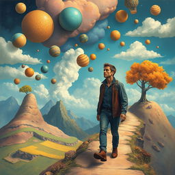 A surreal depiction of a man journeying through the landscape of his own mind, navigating a vivid and imaginative terrain filled with abstract shapes, floating thoughts represented as colorful orbs, and intricate patterns symbolizing memories