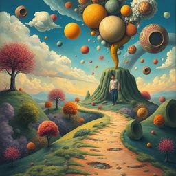 A surreal depiction of a man journeying through the landscape of his own mind, navigating a vivid and imaginative terrain filled with abstract shapes, floating thoughts represented as colorful orbs, and intricate patterns symbolizing memories