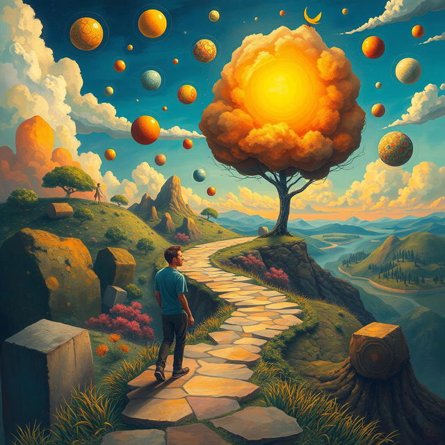 A surreal depiction of a man journeying through the landscape of his own mind, navigating a vivid and imaginative terrain filled with abstract shapes, floating thoughts represented as colorful orbs, and intricate patterns symbolizing memories