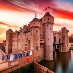 A grand royal castle at sunset with towering stone walls, fluttering banners displaying coats of arms, and a moat with a majestic drawbridge.