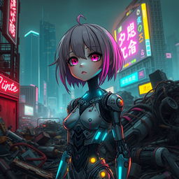 A half-destroyed robot anime girl in a sprawling cyberpunk city dump, surrounded by piles of discarded technology and neon-lit debris