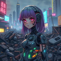 A half-destroyed robot anime girl in a sprawling cyberpunk city dump, surrounded by piles of discarded technology and neon-lit debris