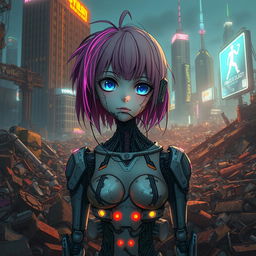 A half-destroyed robot anime girl in a sprawling cyberpunk city dump, surrounded by piles of discarded technology and neon-lit debris
