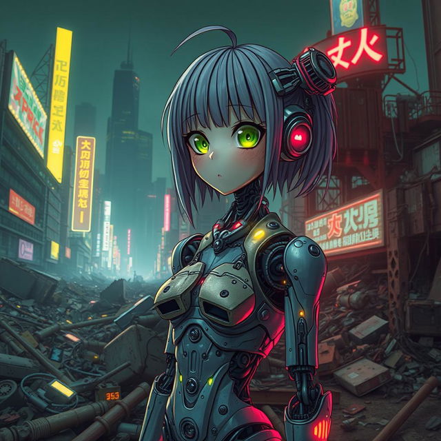 A half-destroyed robot anime girl in a sprawling cyberpunk city dump, surrounded by piles of discarded technology and neon-lit debris