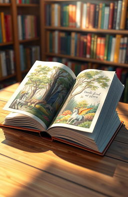 A stunning 3D representation of an open book, showcasing intricate details of the pages with beautifully illustrated scenes