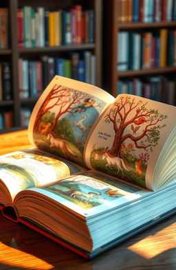 A stunning 3D representation of an open book, showcasing intricate details of the pages with beautifully illustrated scenes