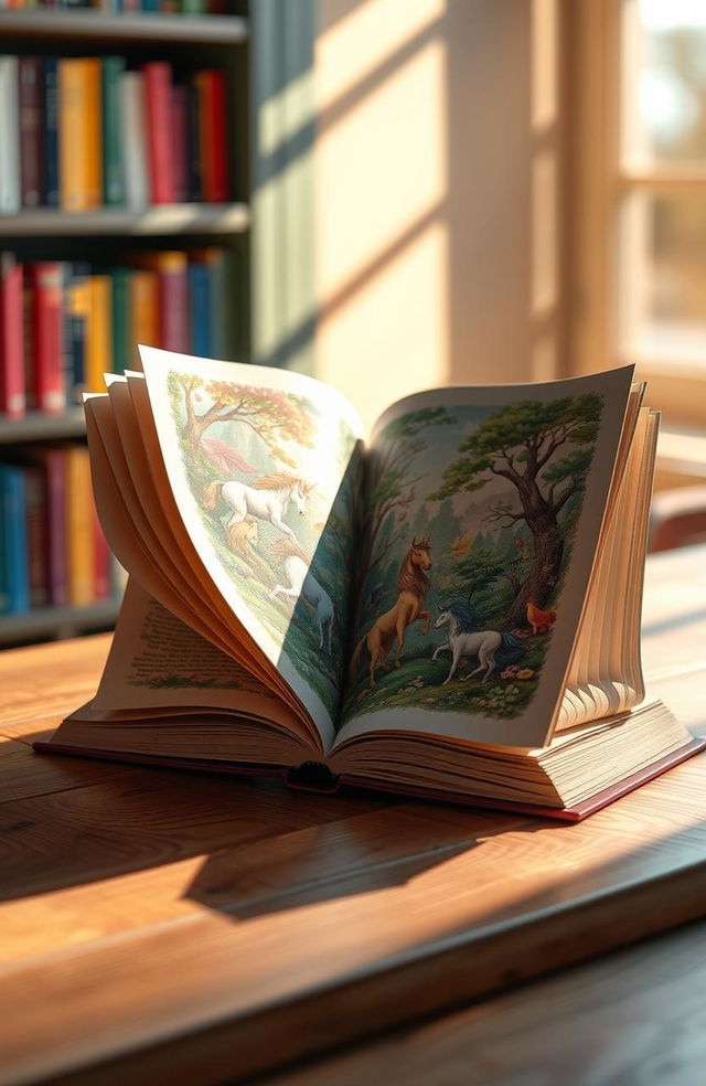 A stunning 3D representation of an open book, showcasing intricate details of the pages with beautifully illustrated scenes