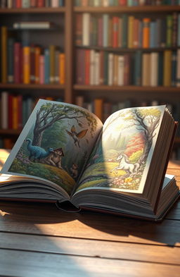 A stunning 3D representation of an open book, showcasing intricate details of the pages with beautifully illustrated scenes