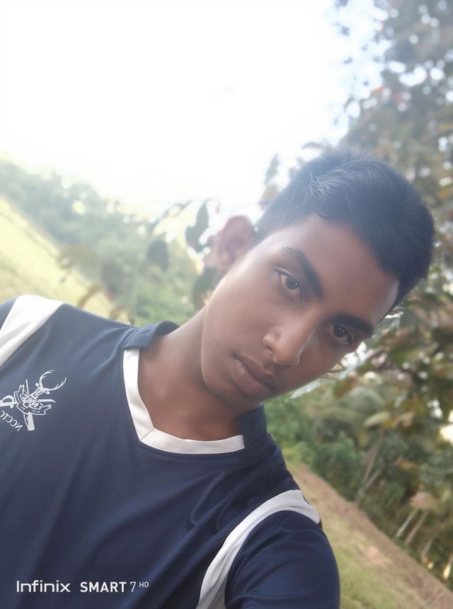A portrait of a young man wearing a navy blue sports jersey, with a serious expression but inviting energy
