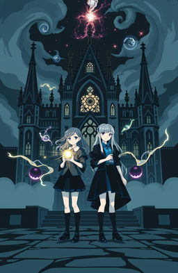 The cover features two girls standing confidently in front of a gothic-inspired magical academy, with intricate architectural details and spires