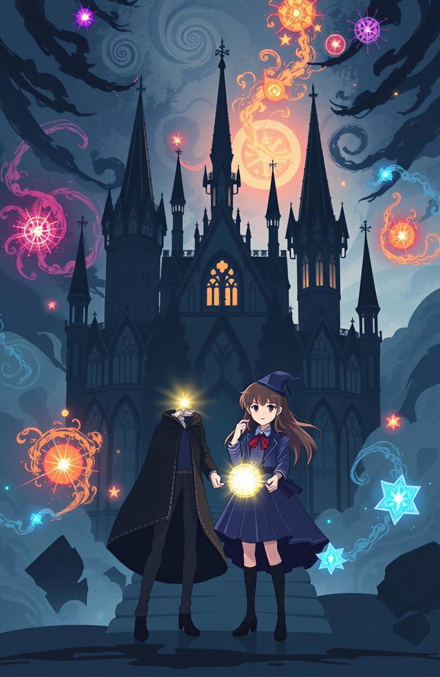 The cover features two girls standing confidently in front of a gothic-inspired magical academy, with intricate architectural details and spires