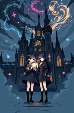 The cover features two girls standing confidently in front of a gothic-inspired magical academy, with intricate architectural details and spires
