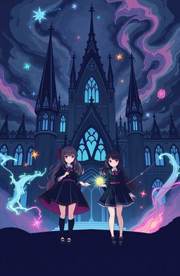 The cover features two girls standing confidently in front of a gothic-inspired magical academy, with intricate architectural details and spires
