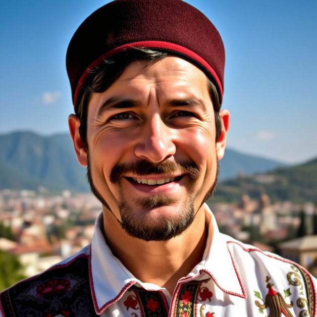 A portrait of a Bosnian man in traditional attire, showcasing his cultural heritage