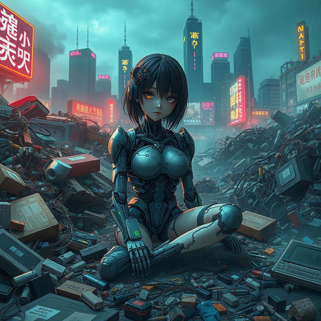 A half-destroyed android anime girl sitting limply in a garbage dump in a cyberpunk city, surrounded by heaps of discarded electronic waste, broken robots, and neon-lit trash