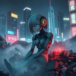 A half-destroyed android anime girl sitting limply in a garbage dump in a cyberpunk city, surrounded by heaps of discarded electronic waste, broken robots, and neon-lit trash