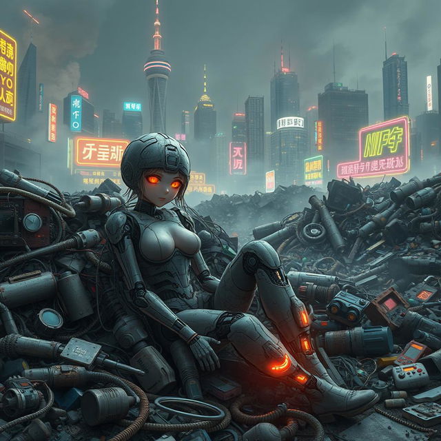 A half-destroyed android anime girl sitting limply in a garbage dump in a cyberpunk city, surrounded by heaps of discarded electronic waste, broken robots, and neon-lit trash