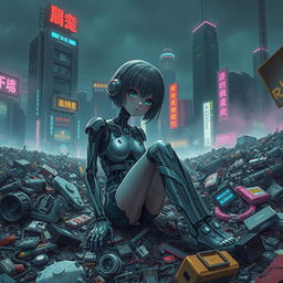 A half-destroyed android anime girl sitting limply in a garbage dump in a cyberpunk city, surrounded by heaps of discarded electronic waste, broken robots, and neon-lit trash