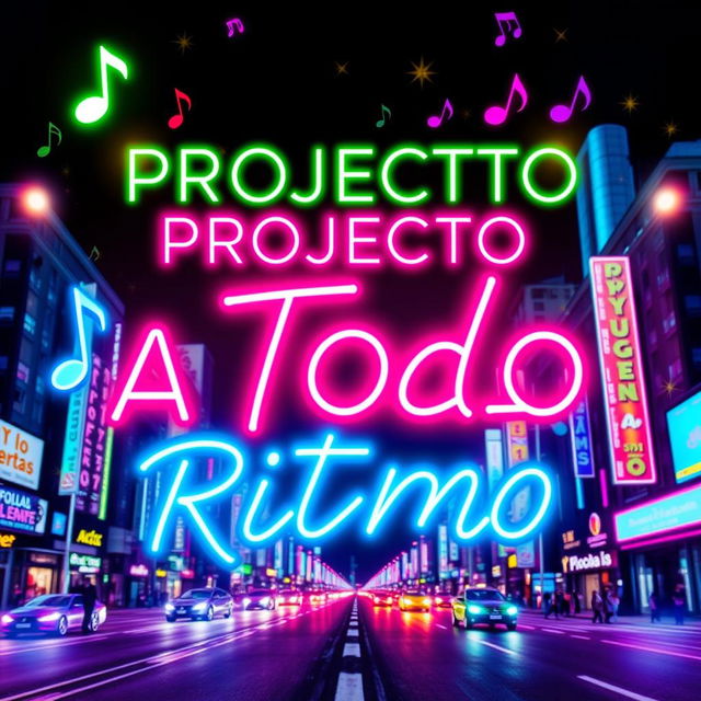 A vibrant promotional design featuring the text 'Proyecto A Todo Ritmo' in bright, colorful neon lights