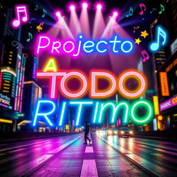 A vibrant promotional design featuring the text 'Proyecto A Todo Ritmo' in bright, colorful neon lights
