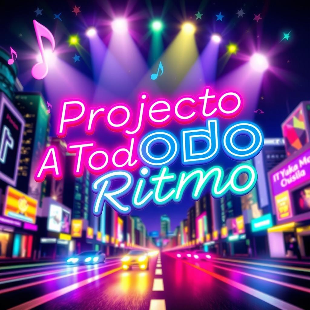 A vibrant promotional design featuring the text 'Proyecto A Todo Ritmo' in bright, colorful neon lights