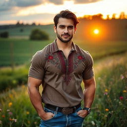 A strong and handsome Slavic man with dark hair and a proud expression, wearing a traditional embroidered shirt and rugged jeans