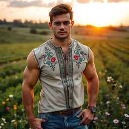 A strong and handsome Slavic man with dark hair and a proud expression, wearing a traditional embroidered shirt and rugged jeans