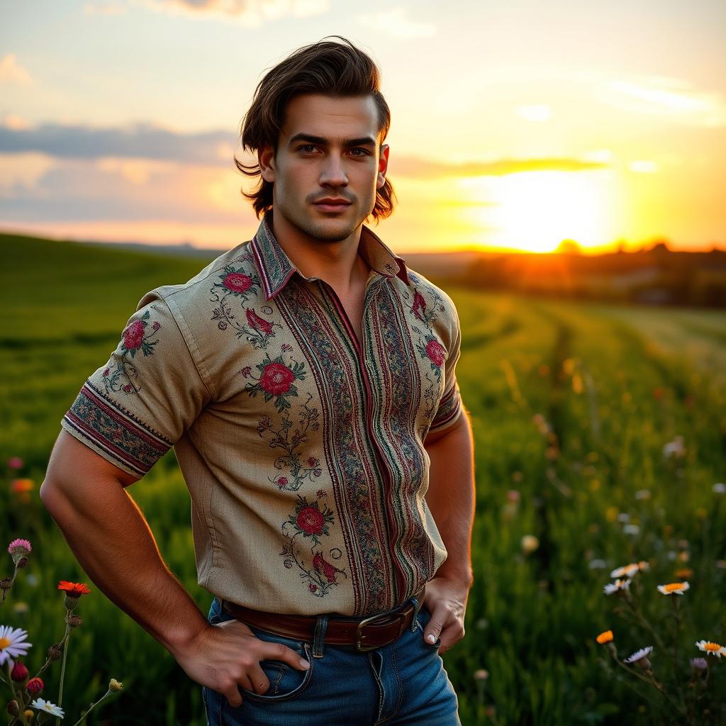 A strong and handsome Slavic man with dark hair and a proud expression, wearing a traditional embroidered shirt and rugged jeans