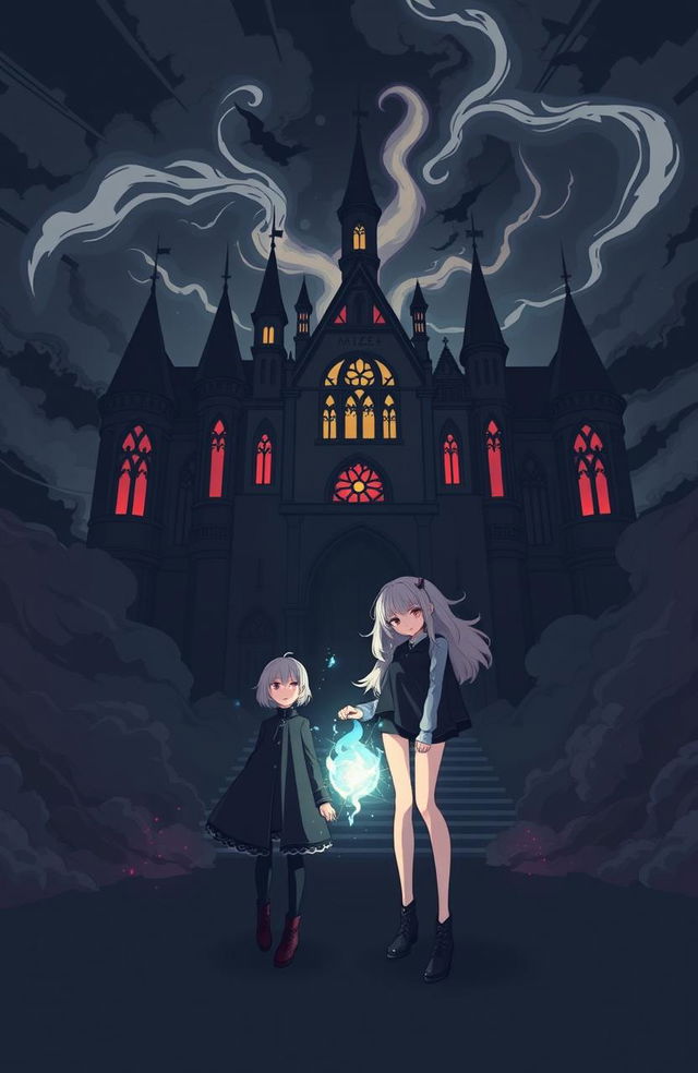 A cover illustration depicting two girls standing confidently in front of a gothic-inspired magical academy