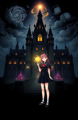 A cover illustration depicting two girls standing confidently in front of a gothic-inspired magical academy