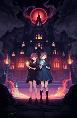A cover illustration depicting two girls standing confidently in front of a gothic-inspired magical academy