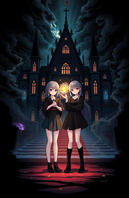 A cover illustration depicting two girls standing confidently in front of a gothic-inspired magical academy
