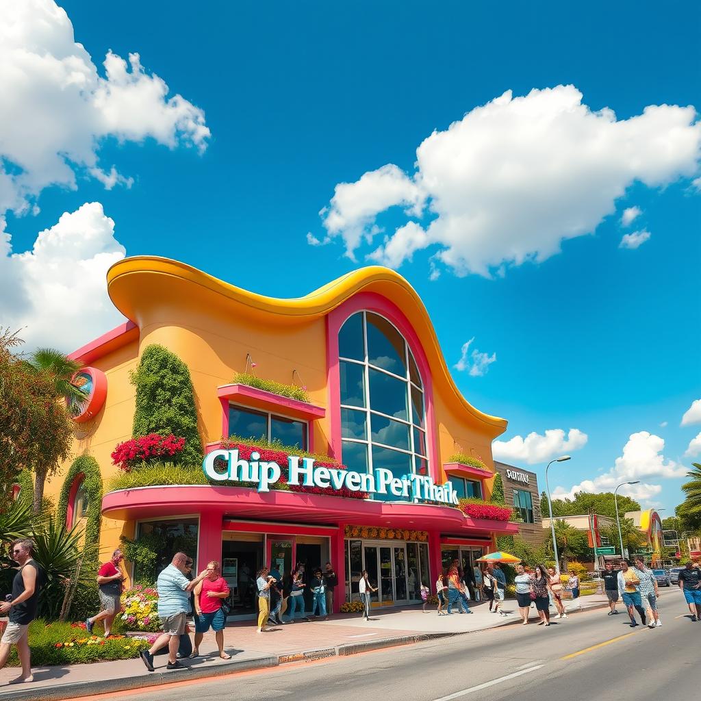 A whimsical, modern building named 'Chip Heaven', designed with a futuristic, fantasy architecture style