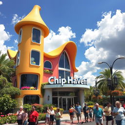 A whimsical, modern building named 'Chip Heaven', designed with a futuristic, fantasy architecture style