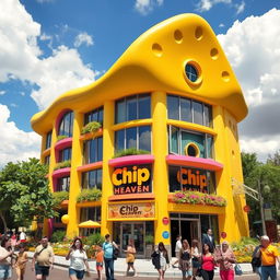 A whimsical, modern building named 'Chip Heaven', designed with a futuristic, fantasy architecture style