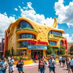 A whimsical, modern building named 'Chip Heaven', designed with a futuristic, fantasy architecture style