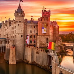 A grand royal castle at sunset with towering stone walls, fluttering banners displaying coats of arms, and a moat with a majestic drawbridge.