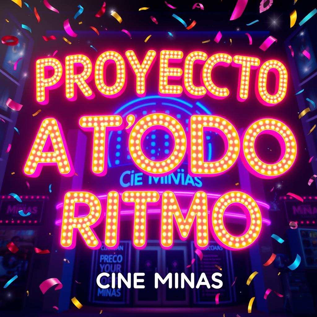 A vibrant promotional poster for 'PROYECTO A TODO RITMO' featuring neon text in bold, glowing letters